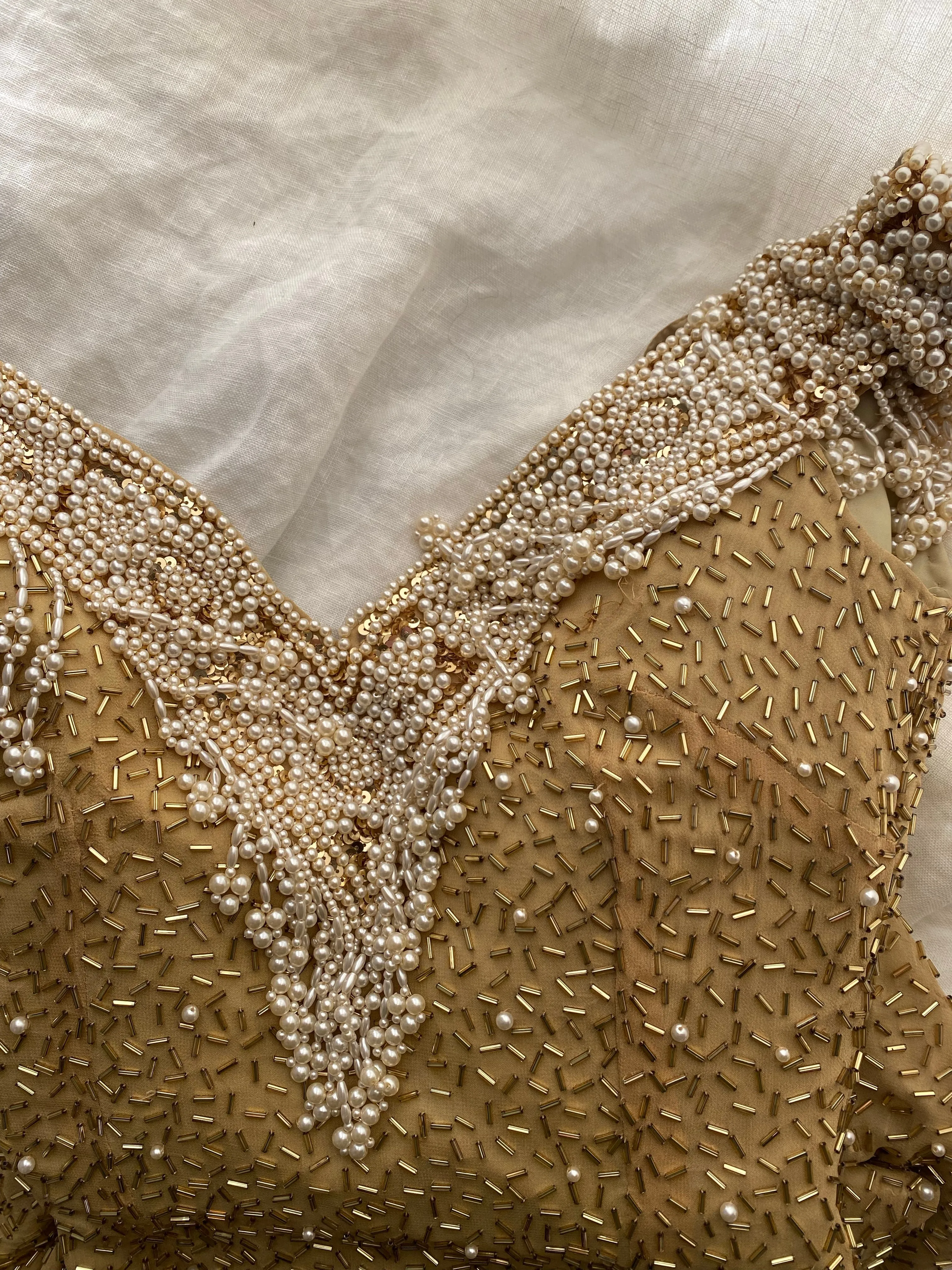 Belle Epoque Inspired Golden Beaded Silk Evening Gown With Pearls / XS