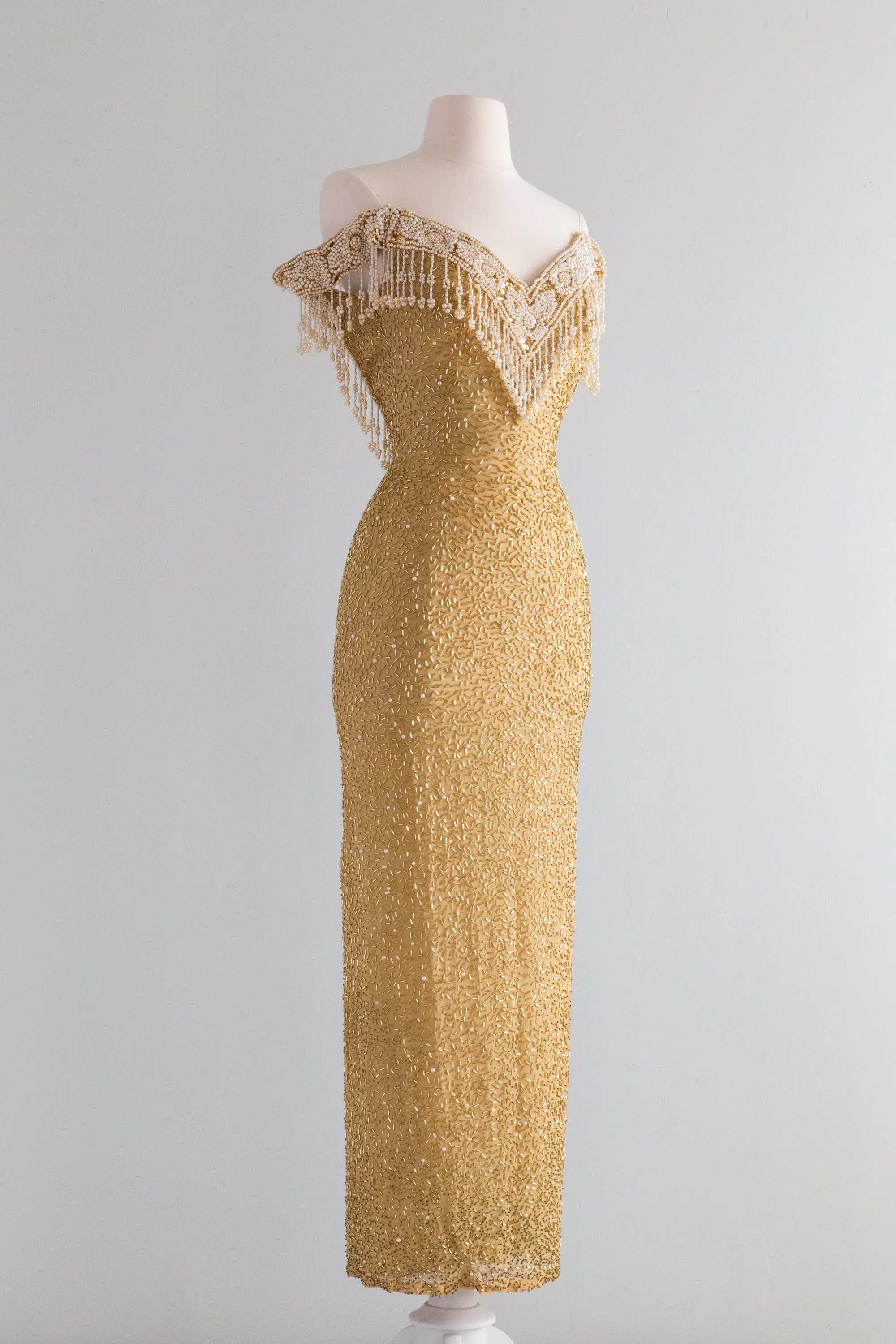 Belle Epoque Inspired Golden Beaded Silk Evening Gown With Pearls / XS