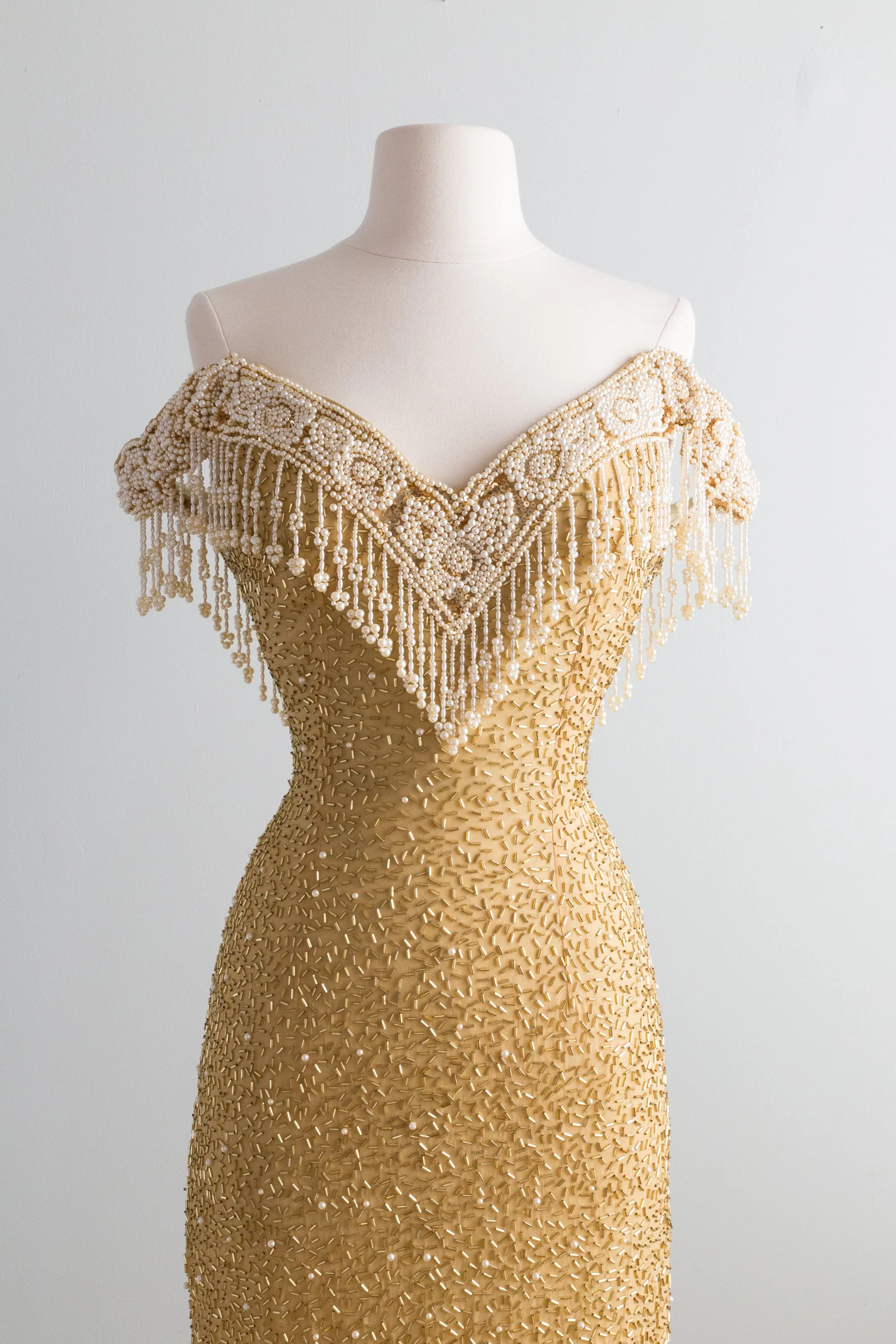 Belle Epoque Inspired Golden Beaded Silk Evening Gown With Pearls / XS