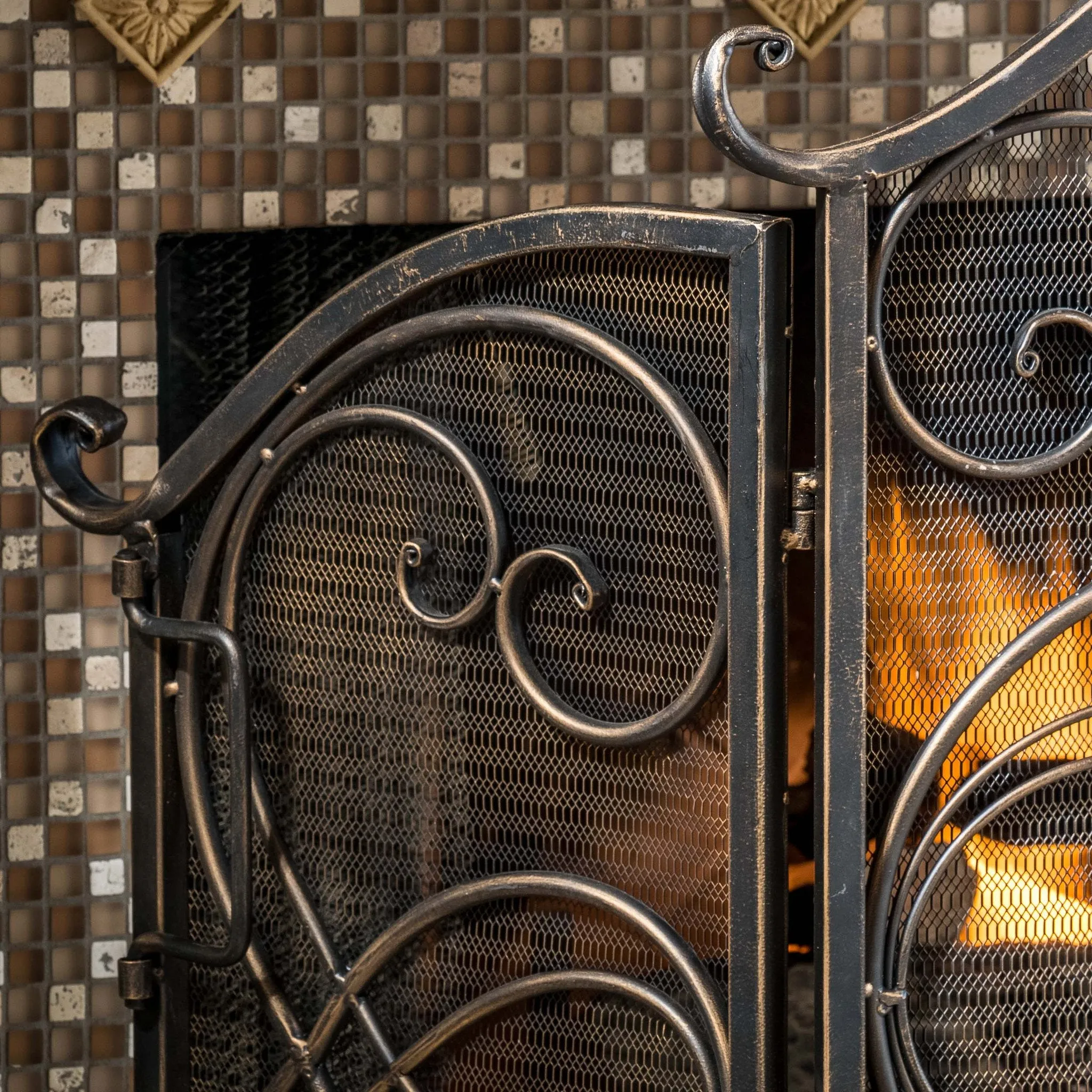 Black Gold Finish Floral Iron Fireplace Screen - NH544592