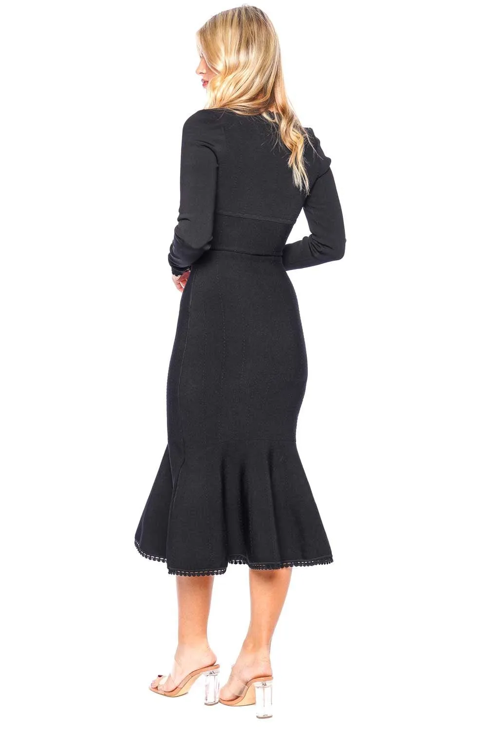 Black Long Sleeve V Neck Midi Dress