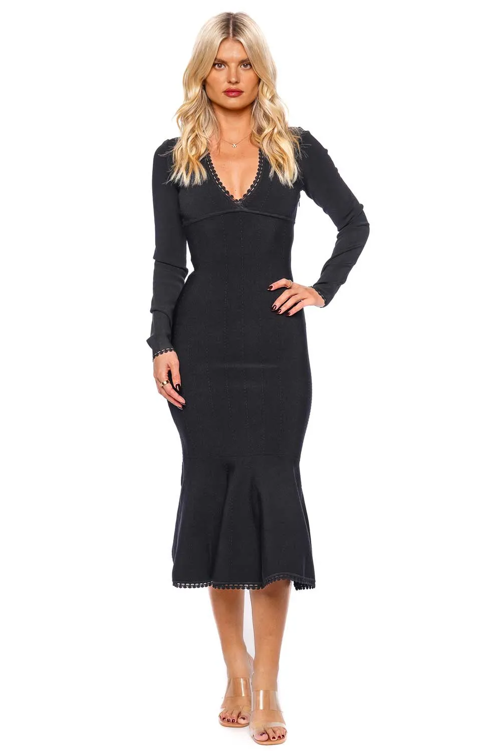 Black Long Sleeve V Neck Midi Dress