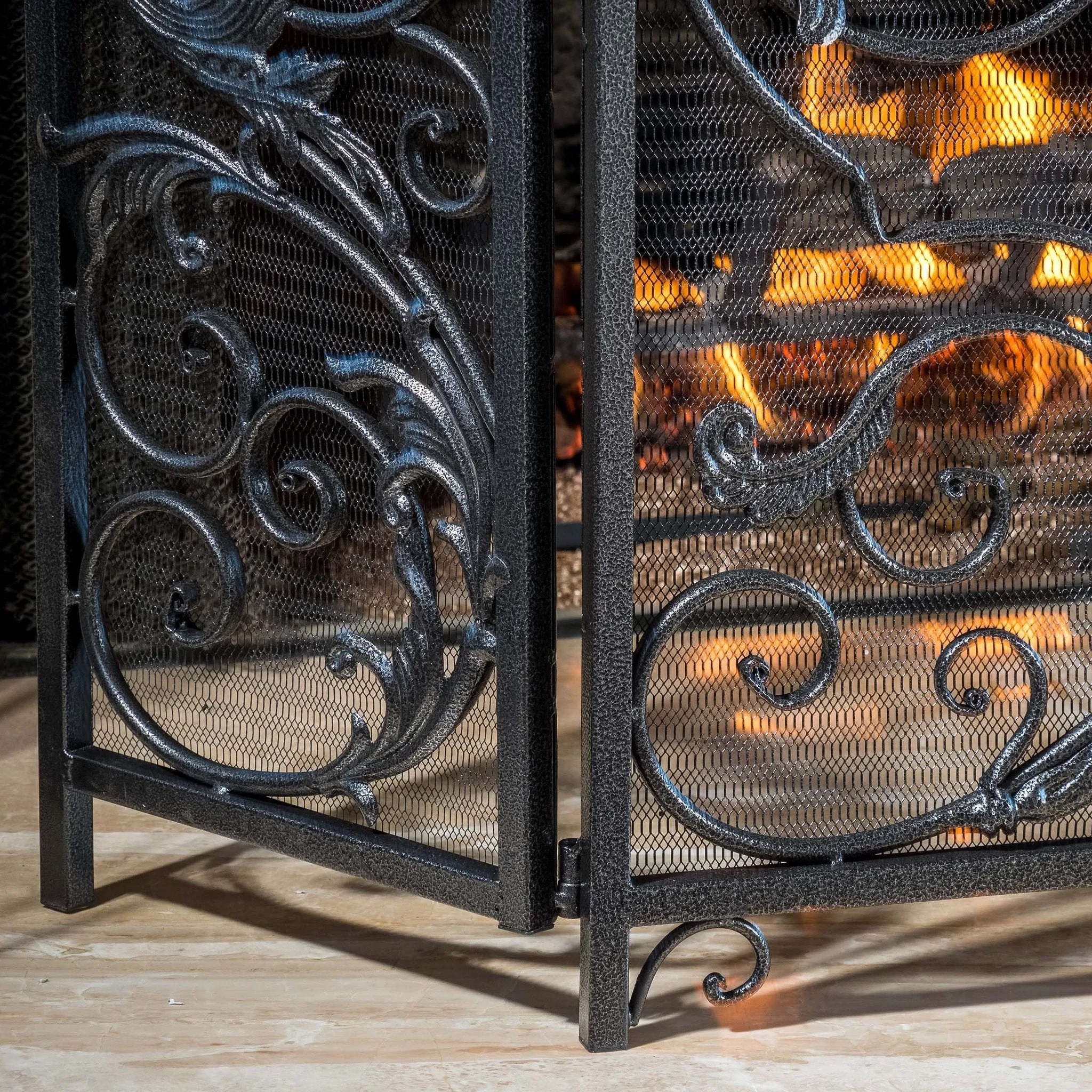 Black Silver Finish Floral Iron Fireplace Screen - NH744592