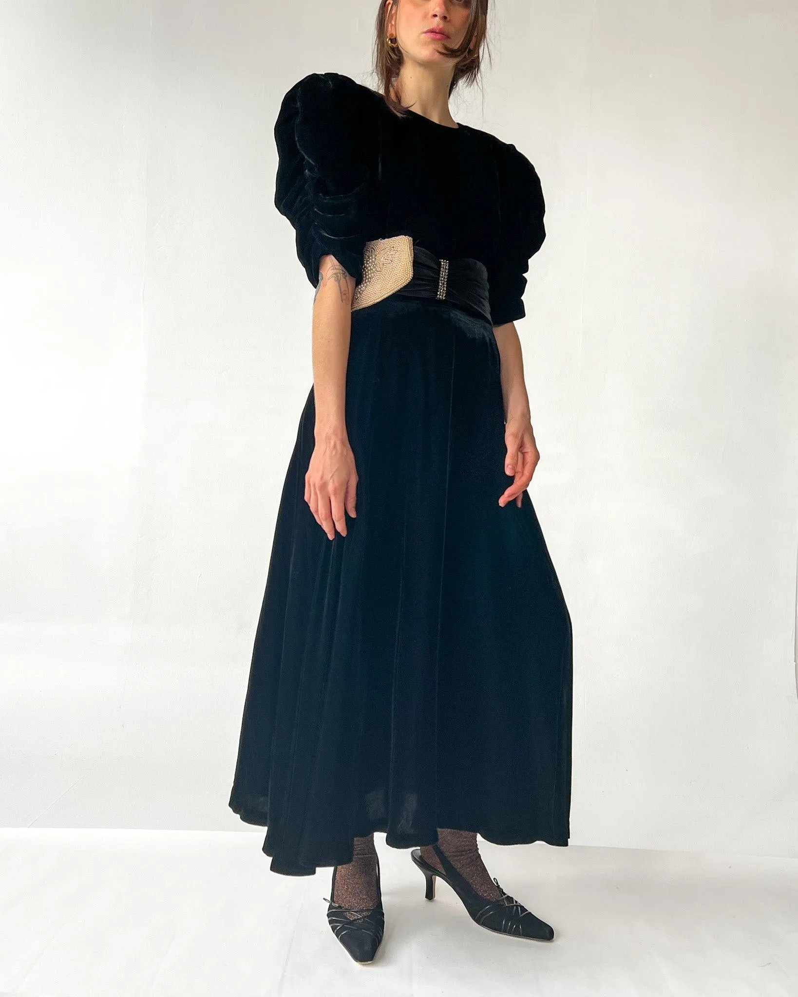 Black Velvet Puff Sleeve Gown (S)