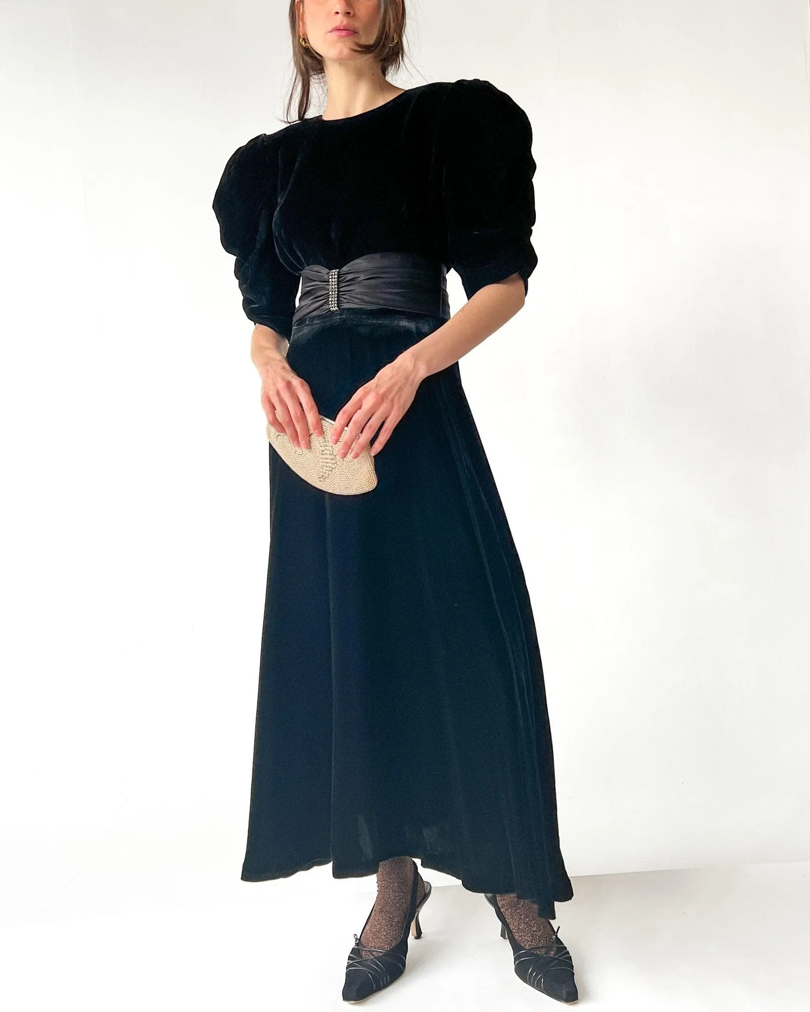 Black Velvet Puff Sleeve Gown (S)