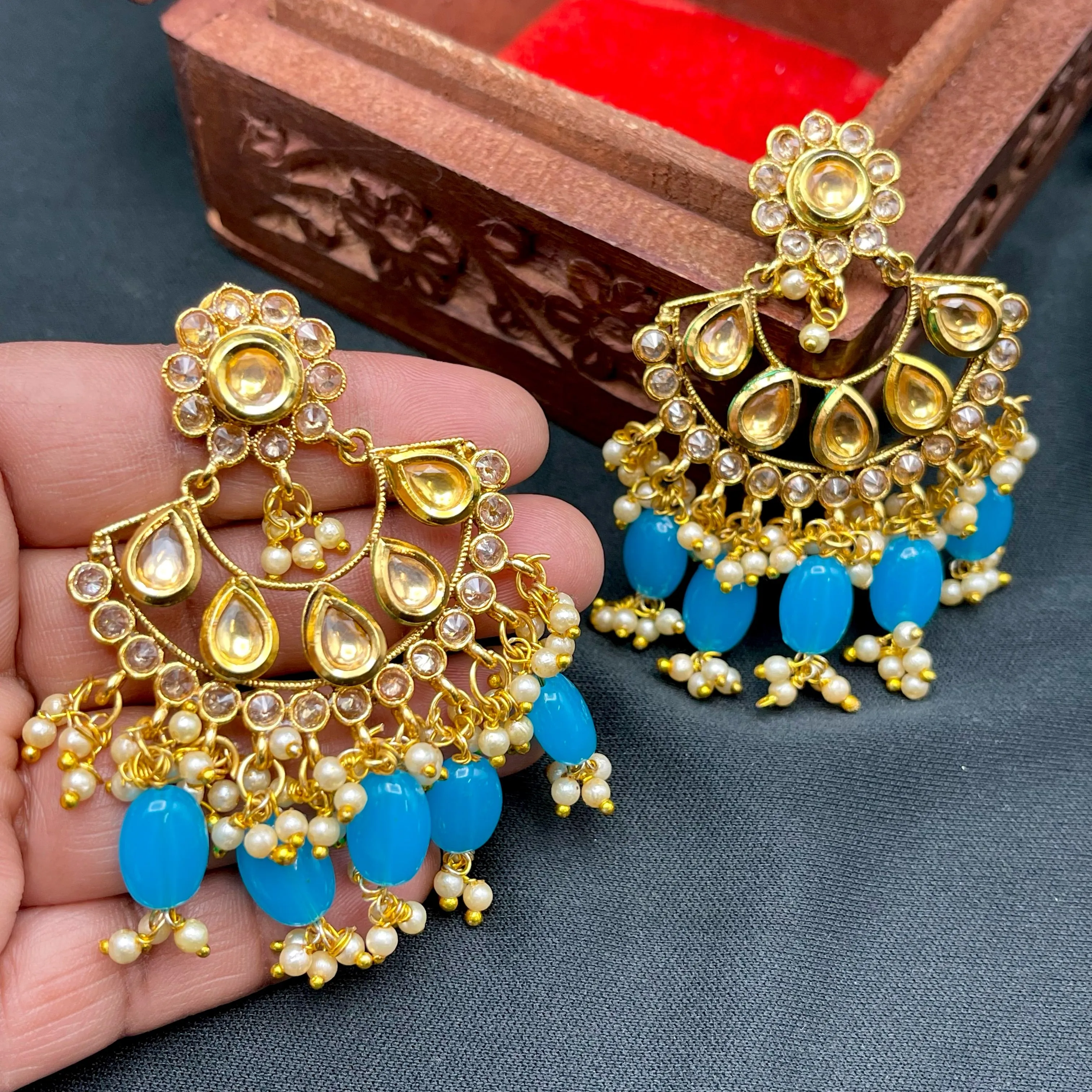 Blue Golden Kundan Polki Chandbali Earring