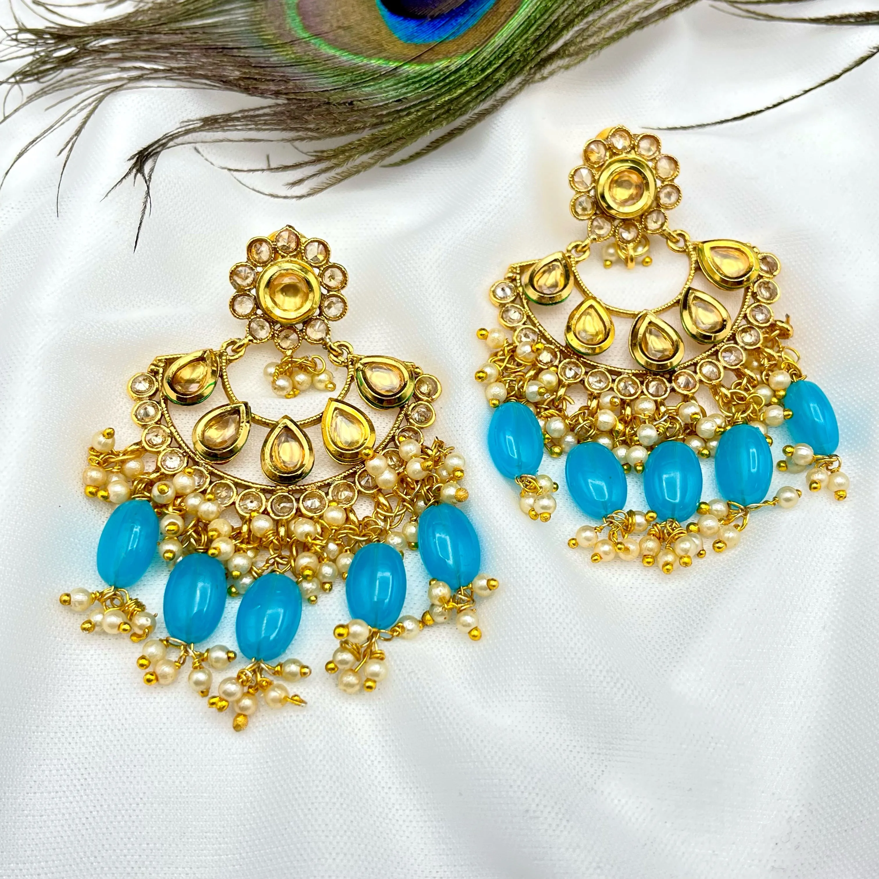 Blue Golden Kundan Polki Chandbali Earring