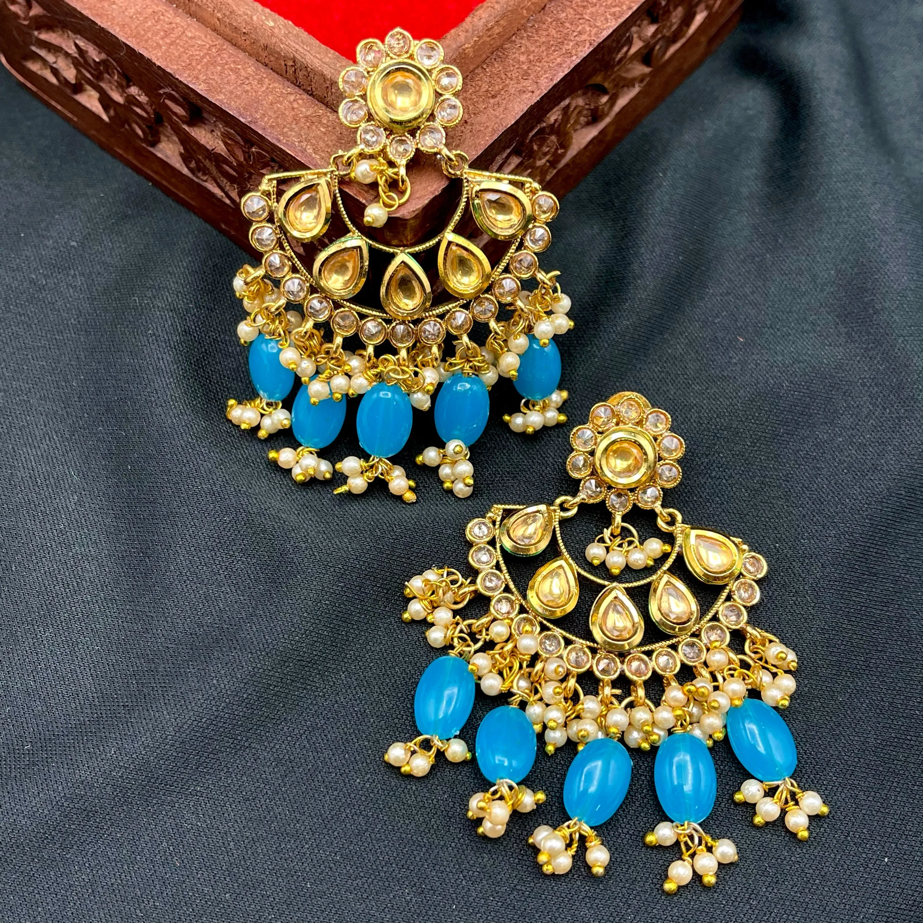 Blue Golden Kundan Polki Chandbali Earring