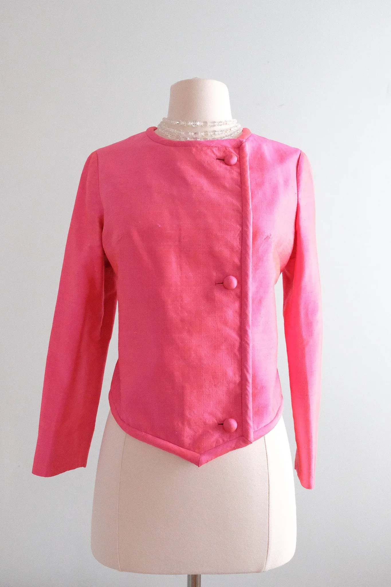 Bold 1960's Hot Pink Thai Silk Cropped Jacket / Sz M