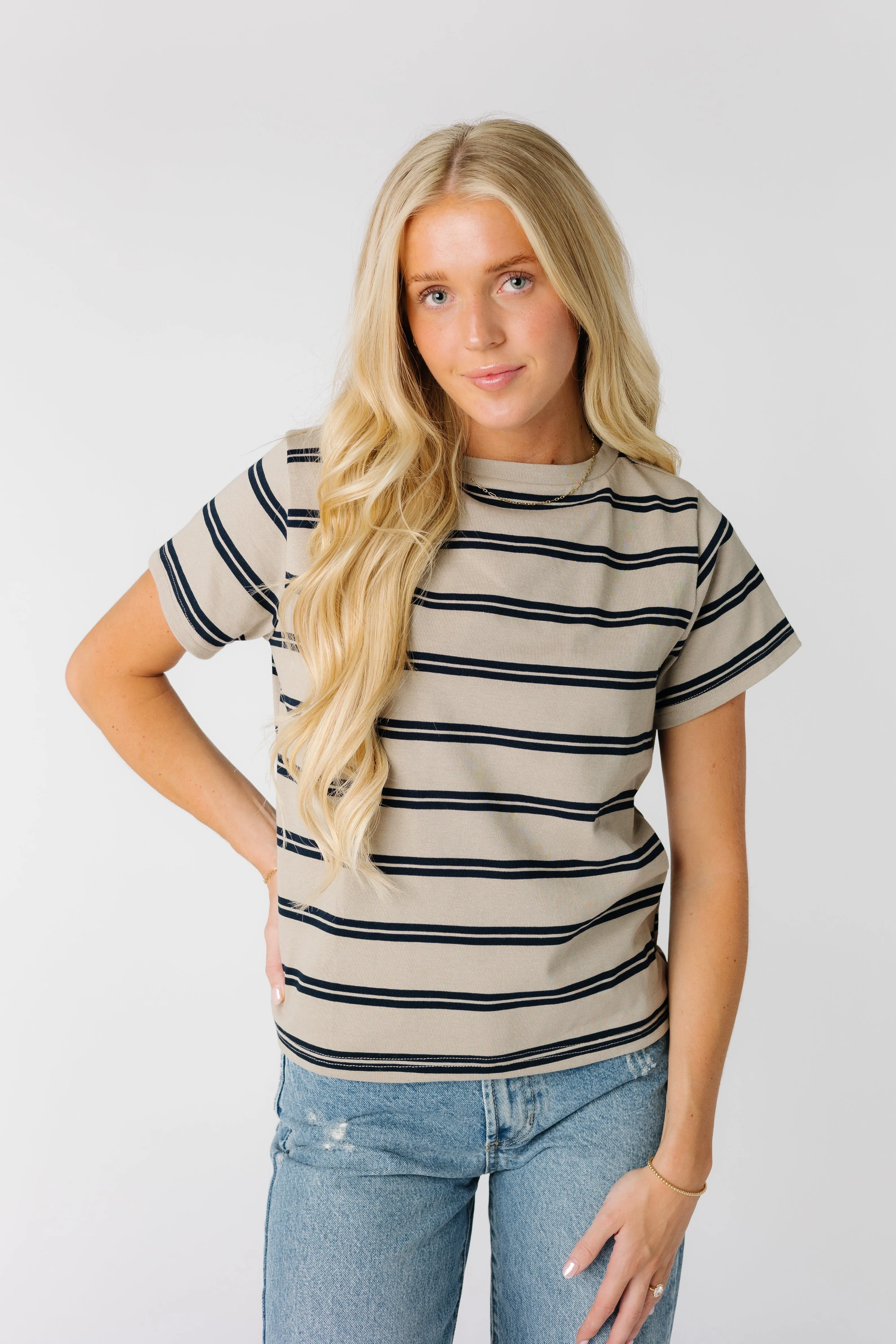 Brass & Roe Essential Stripe Tee- Taupe/Navy