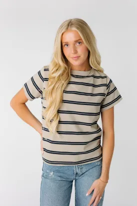 Brass & Roe Essential Stripe Tee- Taupe/Navy