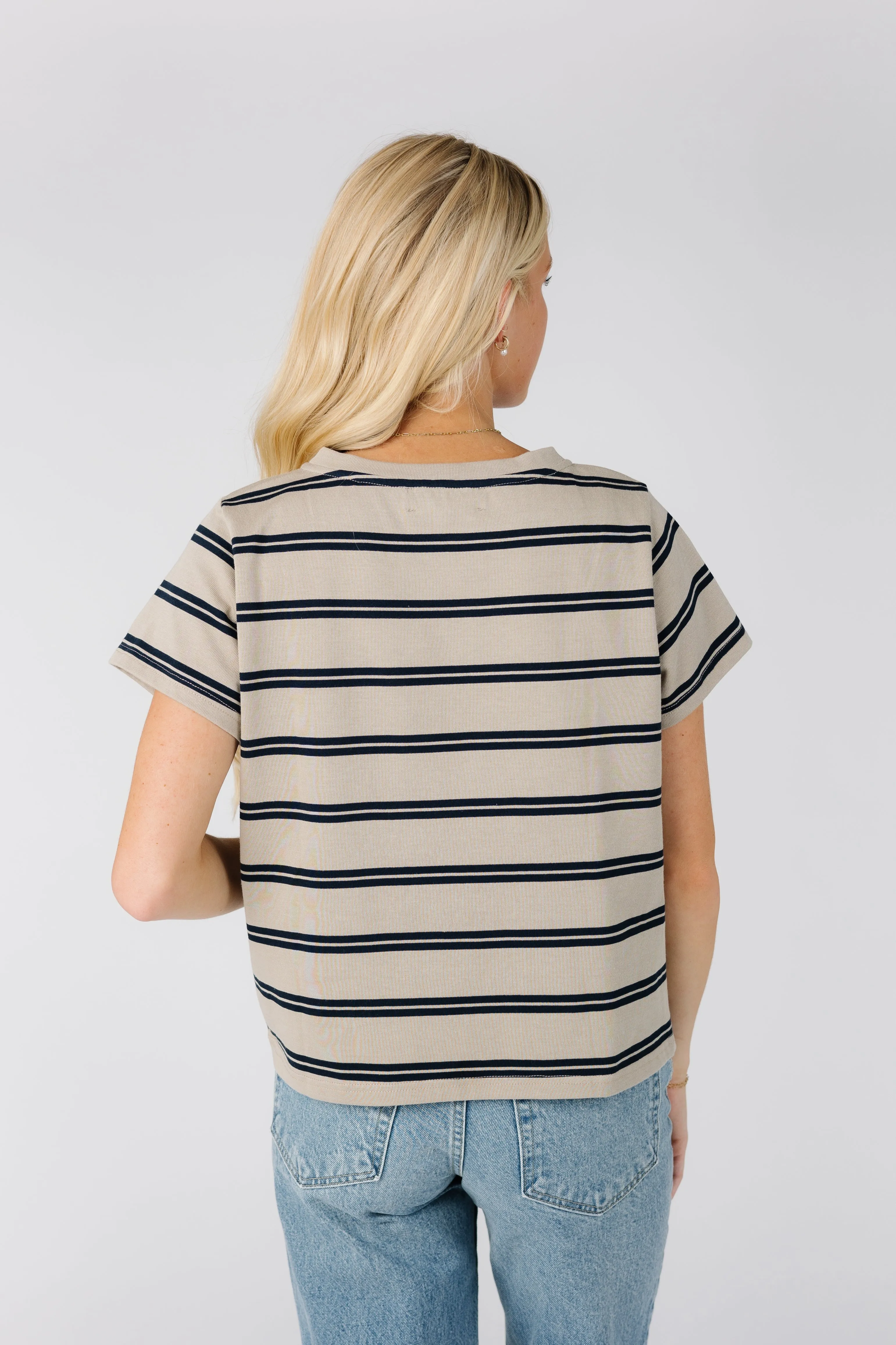 Brass & Roe Essential Stripe Tee- Taupe/Navy