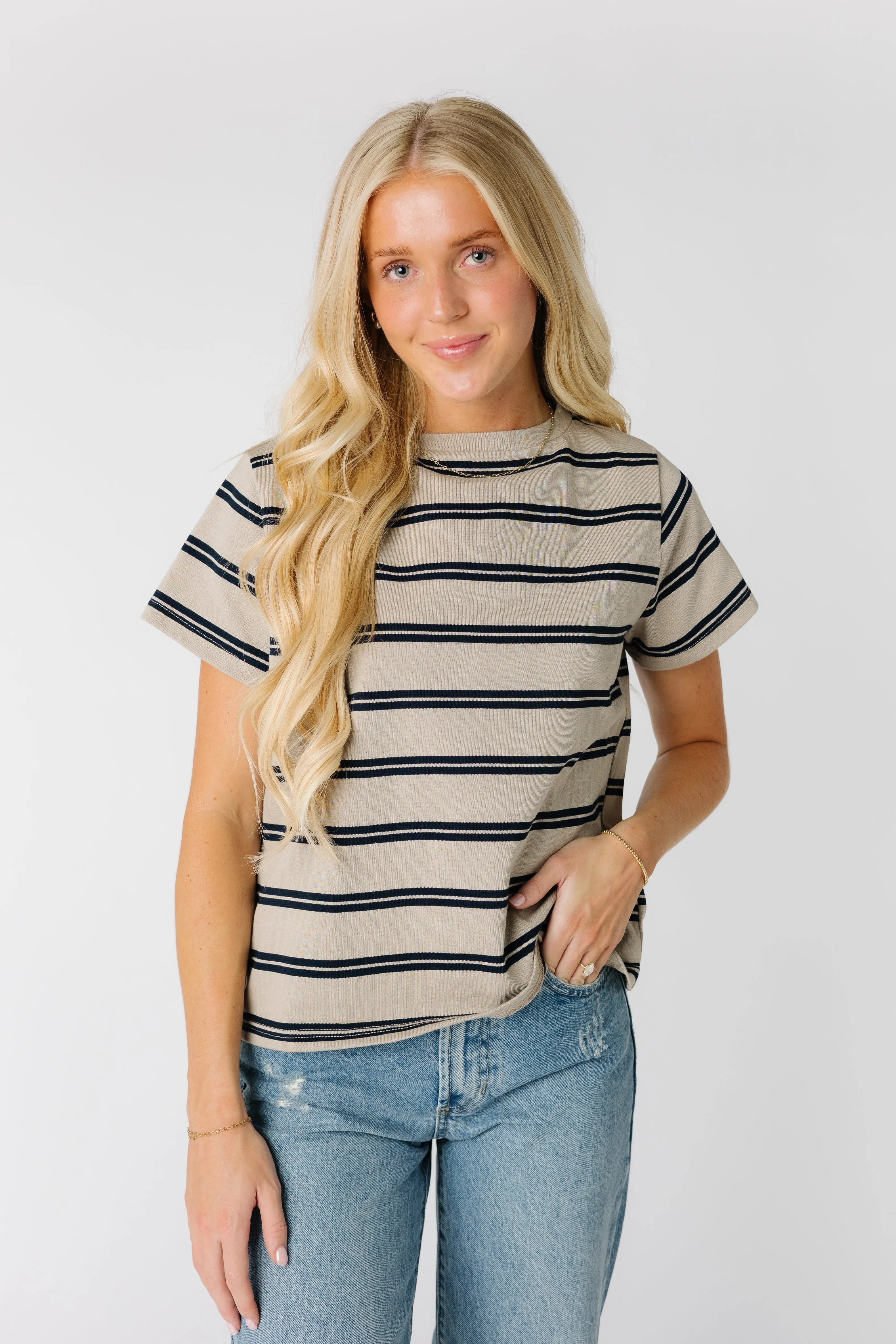 Brass & Roe Essential Stripe Tee- Taupe/Navy