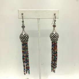 BRIGHTON Silvertone Red Multi Pre Loved Beaded Tassels Earrings