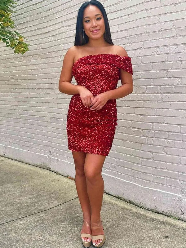 Burgundy Sheath One Shoulder Sleeveless Short Velvet Sequin Prom Dress (AF1047)