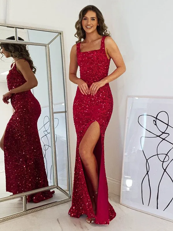 Burgundy Sheath Square Sleeveless Long Floor Length Velvet Sequin Prom Dress (AF1035)