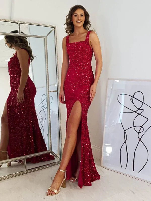 Burgundy Sheath Square Sleeveless Long Floor Length Velvet Sequin Prom Dress (AF1035)