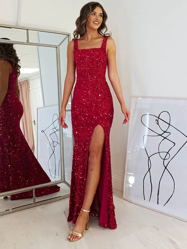 Burgundy Sheath Square Sleeveless Long Floor Length Velvet Sequin Prom Dress (AF1035)