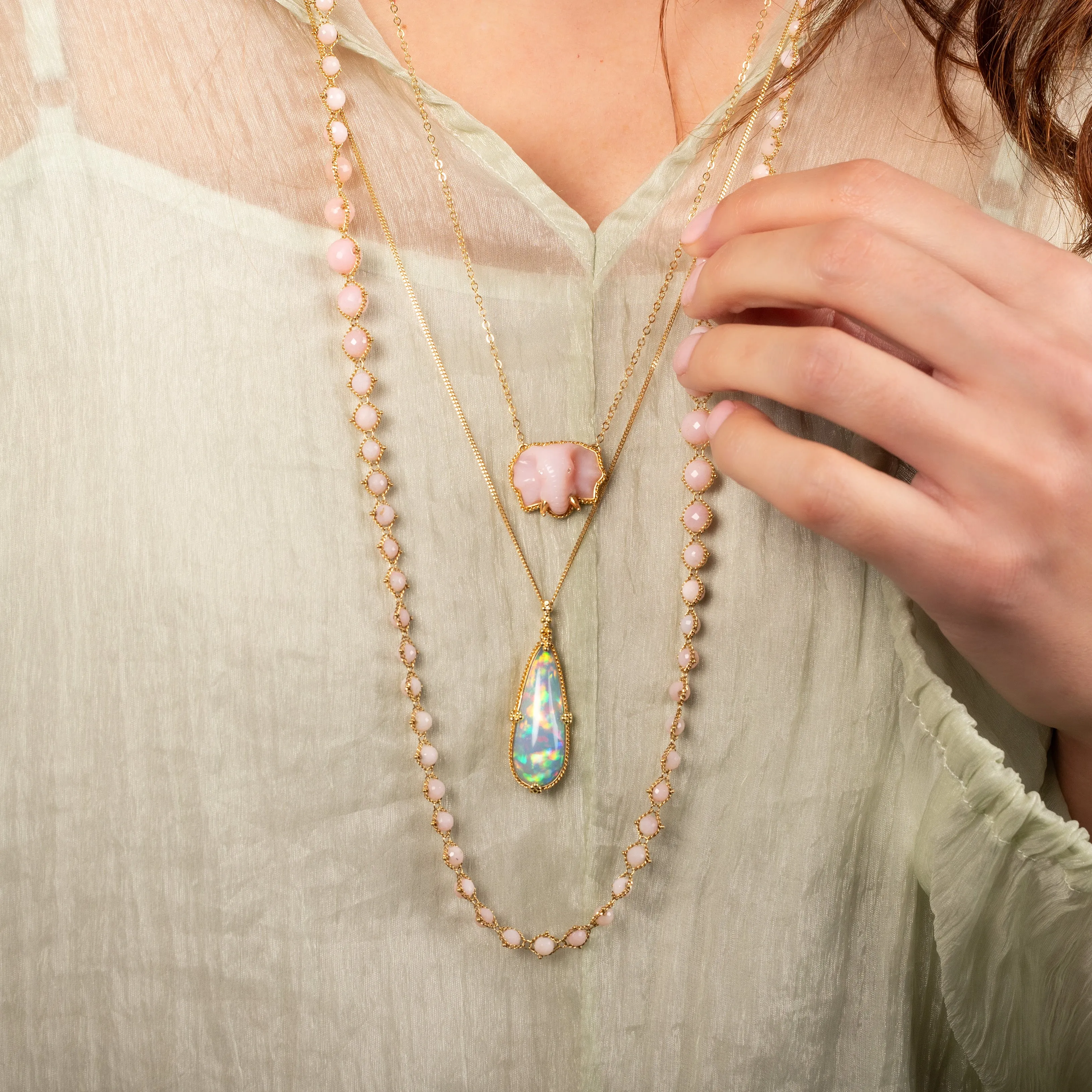 Cascading Woven Pink Opal Necklace