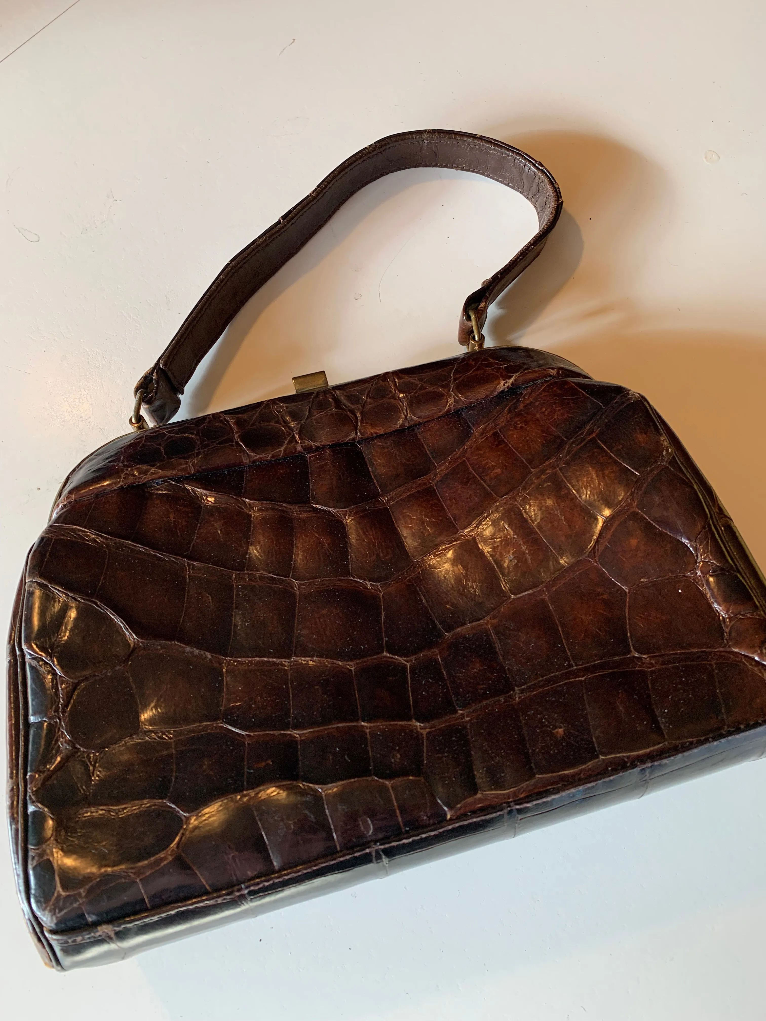 Chocolate Brown Alligator Kelly Style Handbag circa 1940s