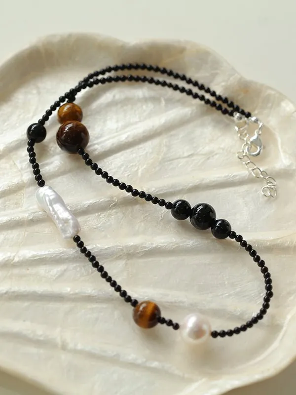 Contrasting Aesthetics Black Onyx Tiger Eye Stone Necklace