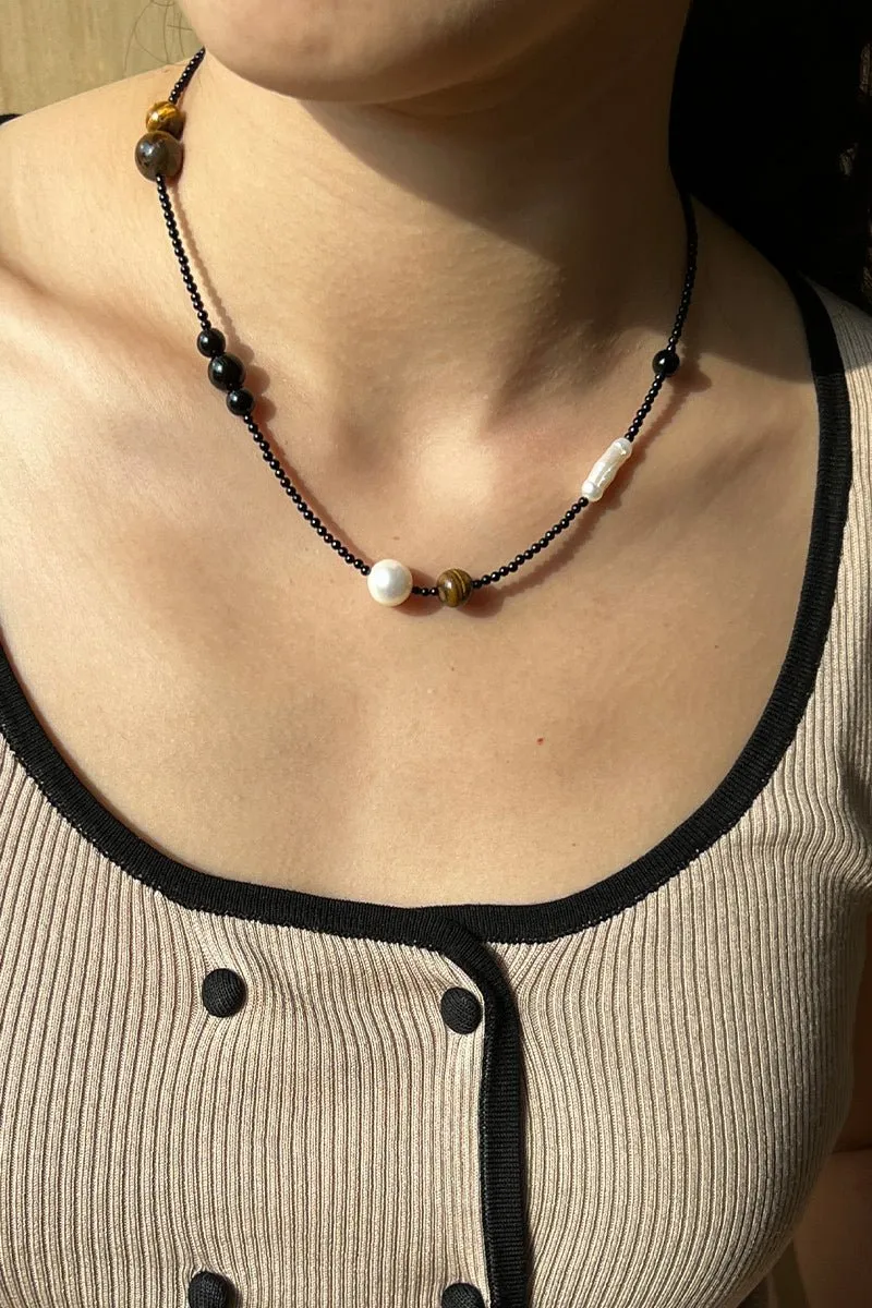 Contrasting Aesthetics Black Onyx Tiger Eye Stone Necklace