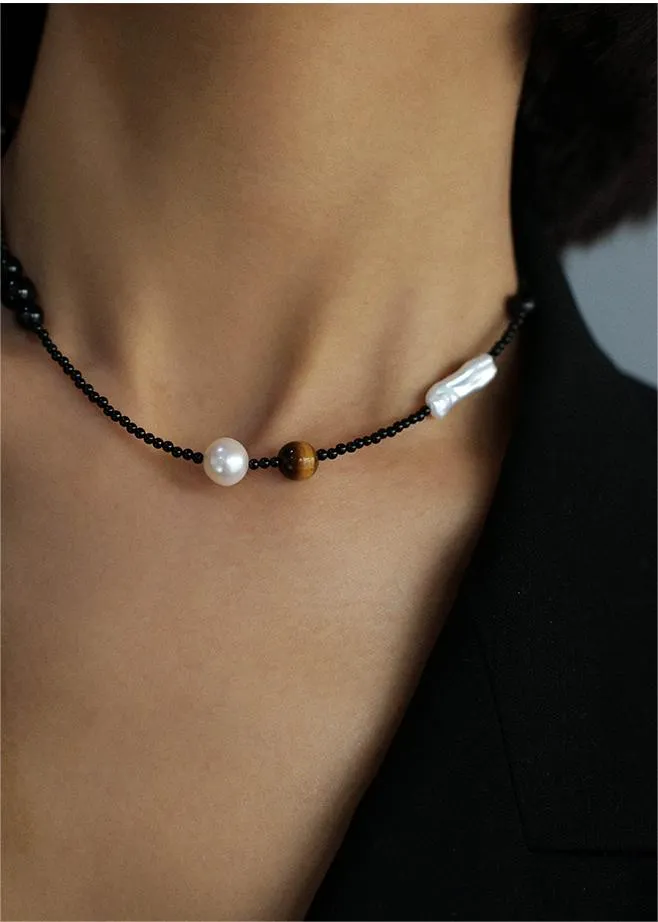 Contrasting Aesthetics Black Onyx Tiger Eye Stone Necklace