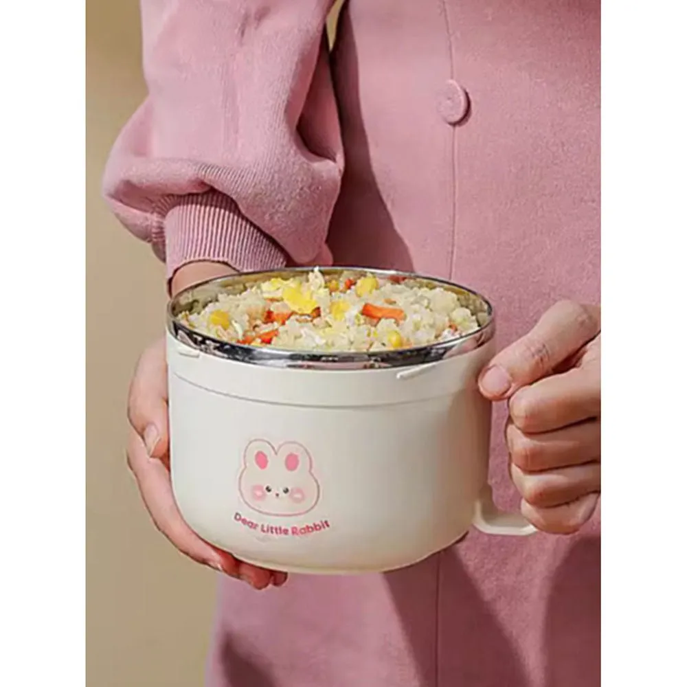 Cream & Pink Rabbit , Stainless Steel Dual Handle Soup and Noodles Lunch Box for Kids and Adults