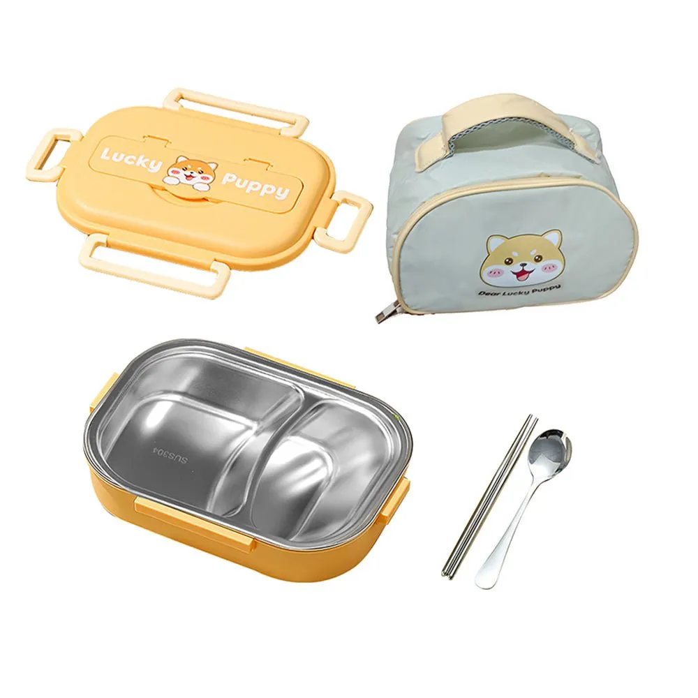 Cute Puppy Small Size Stainless Steel Lunch Box /Tiffin with Insulated Matching Lunch Bag, stainless steel spoon and chopsticks for Kids & Adults