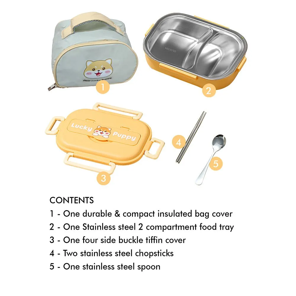 Cute Puppy Small Size Stainless Steel Lunch Box /Tiffin with Insulated Matching Lunch Bag, stainless steel spoon and chopsticks for Kids & Adults