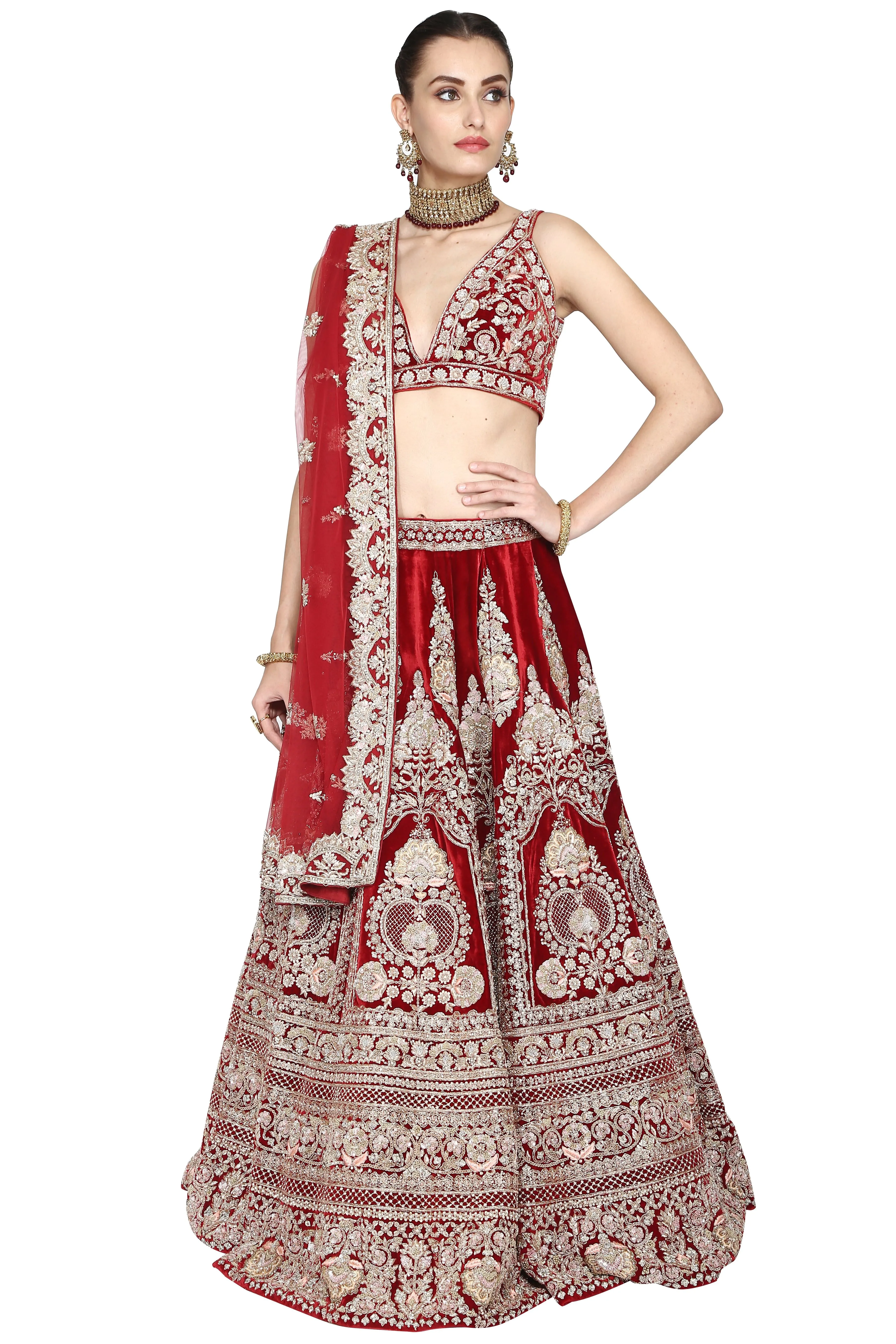 Gorgeous Deep Red Lehenga Set with Intricate Embellishments – Perfect for Weddings and Festive Celebrations