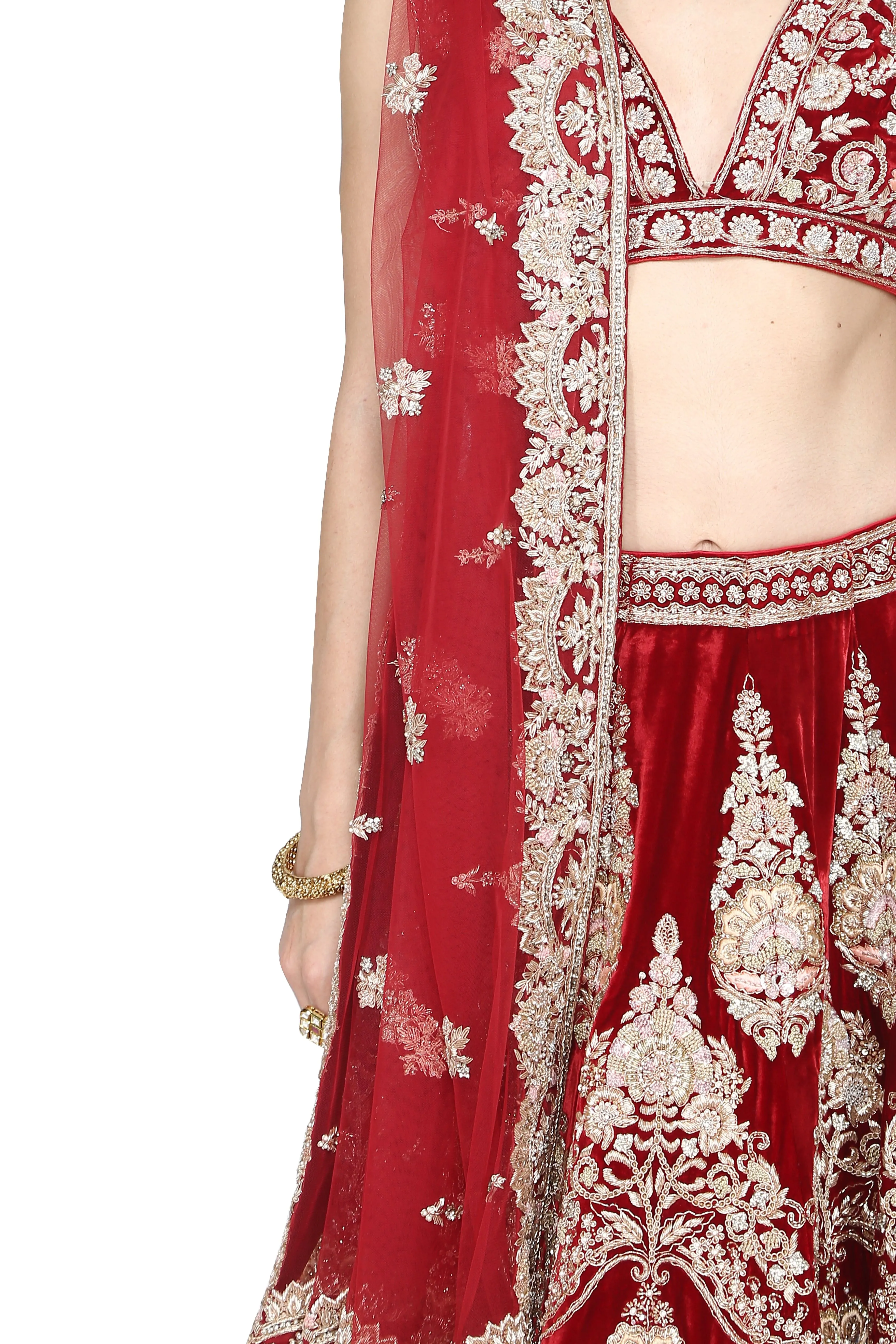 Gorgeous Deep Red Lehenga Set with Intricate Embellishments – Perfect for Weddings and Festive Celebrations