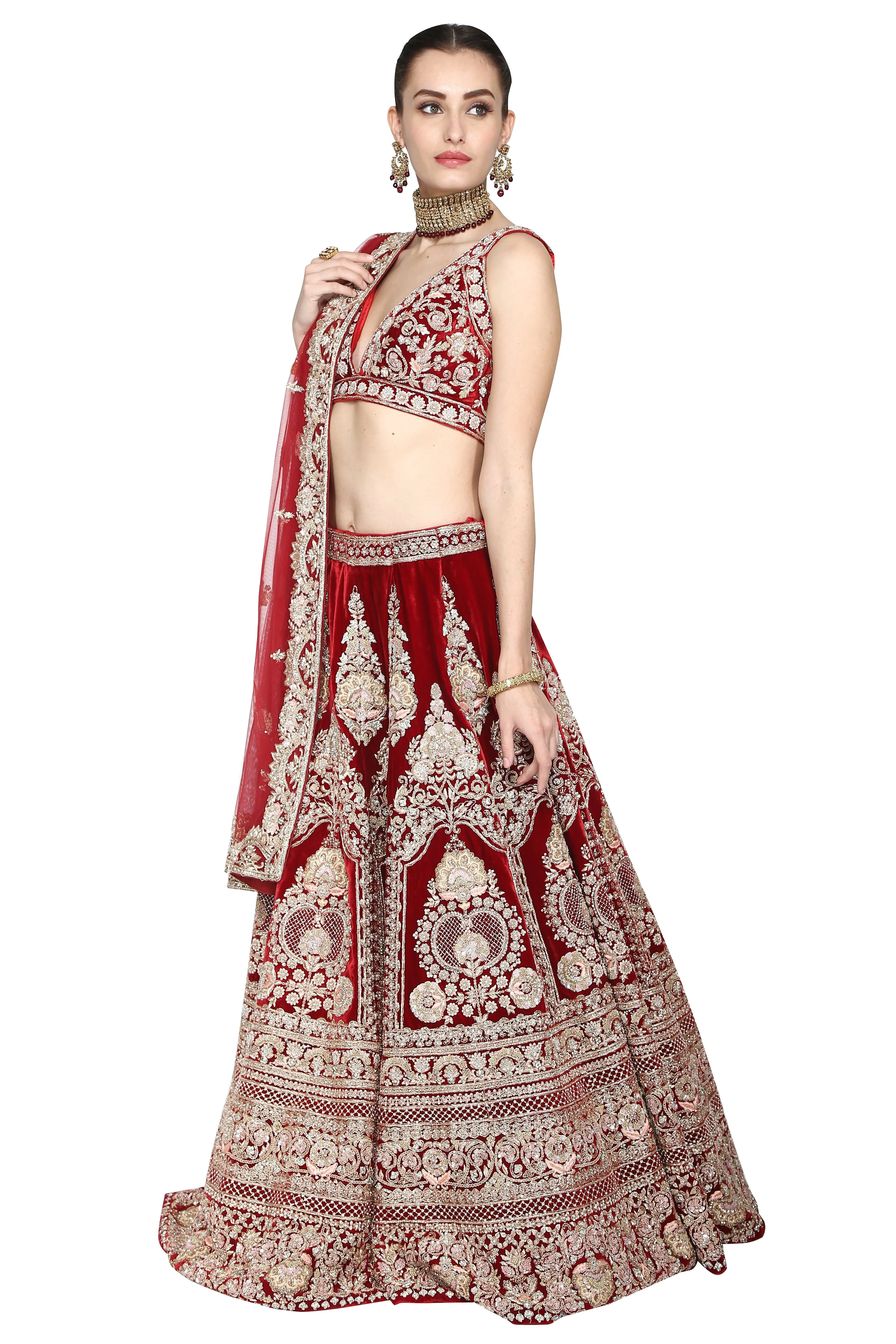 Gorgeous Deep Red Lehenga Set with Intricate Embellishments – Perfect for Weddings and Festive Celebrations