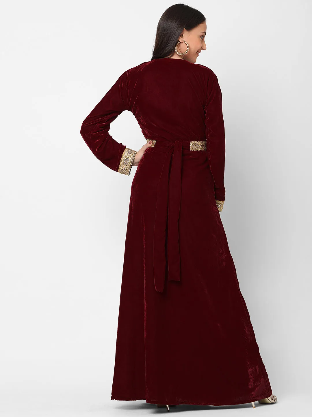 Designer Gown In Velvet Long Sleeve Maxi in Maroon Velvet