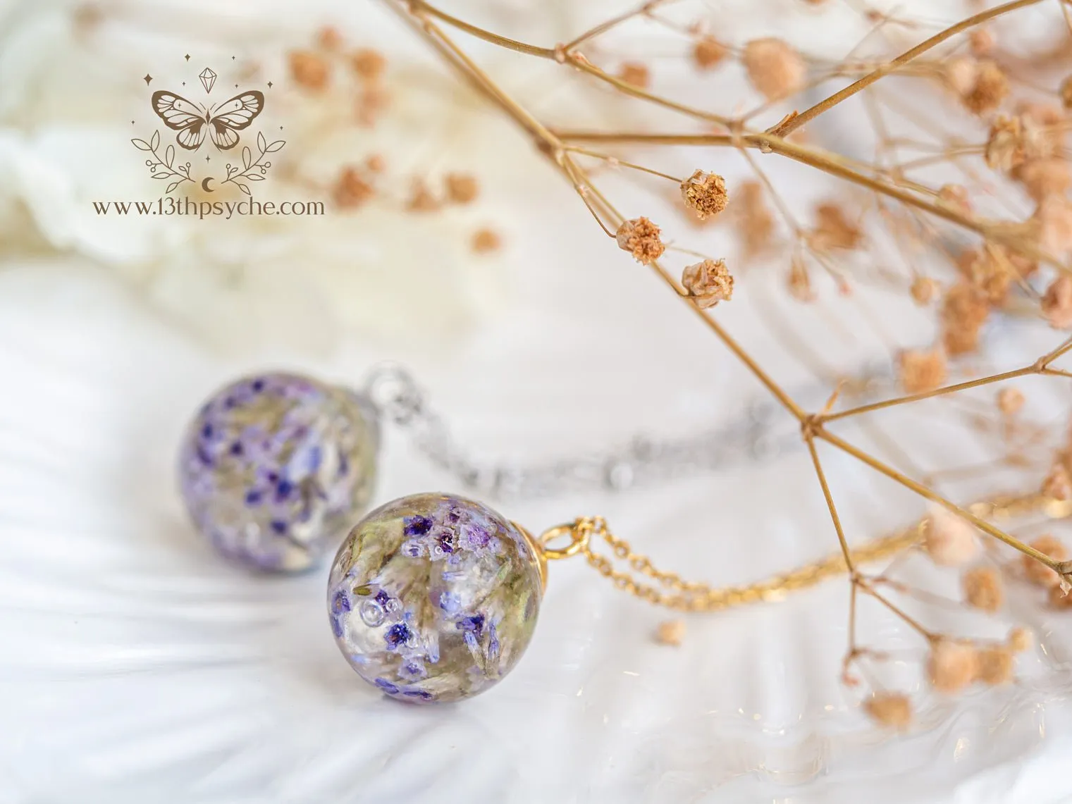 Dried purple flowers orb pendant necklace