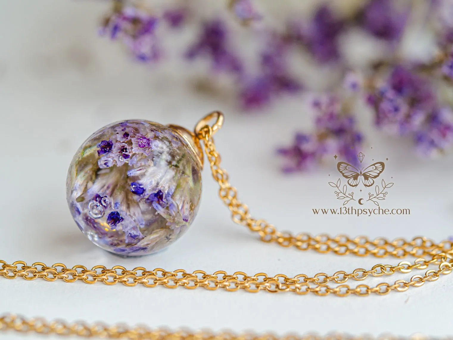 Dried purple flowers orb pendant necklace