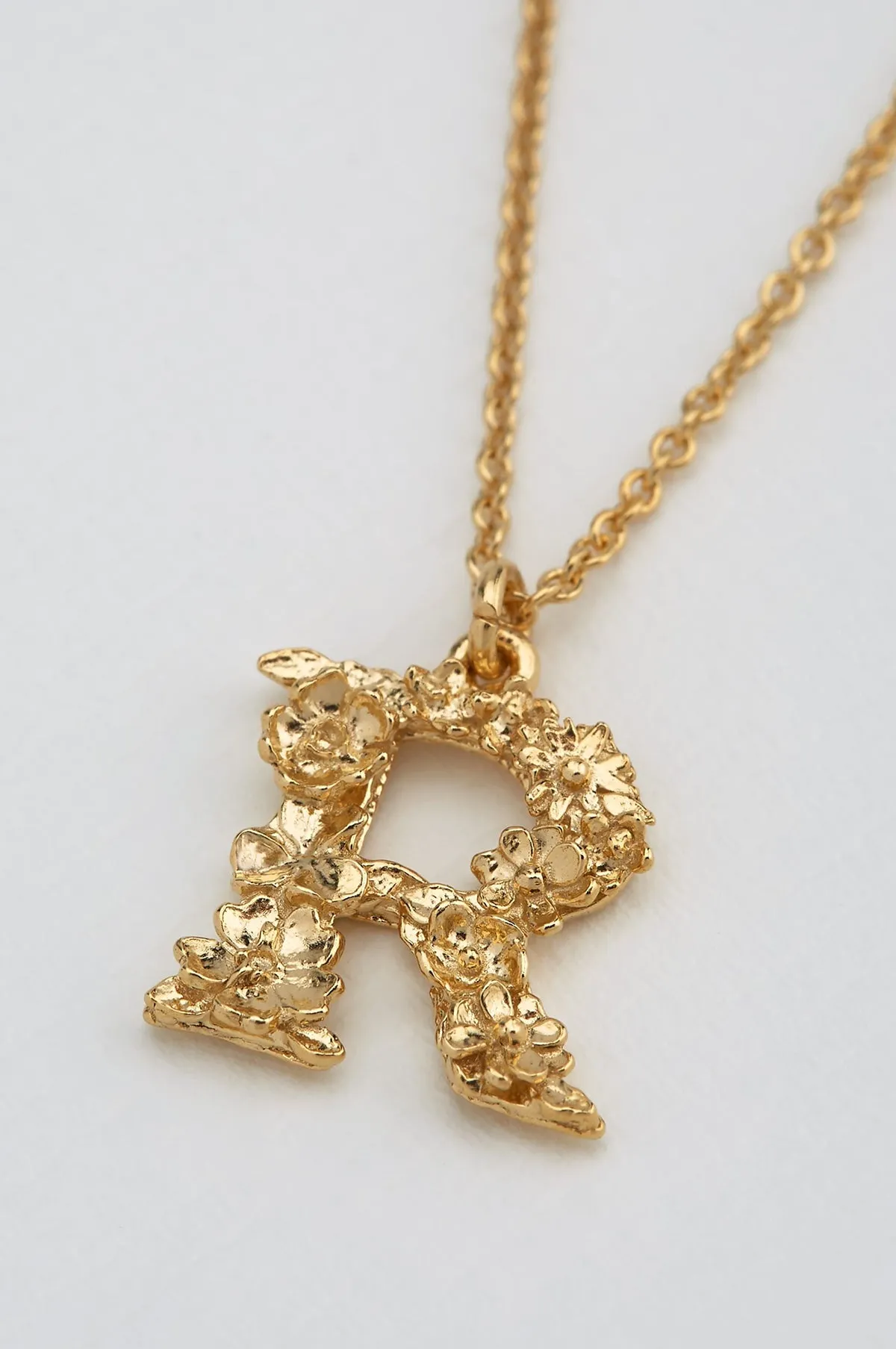 Floral Letter R Necklace Gold Plate