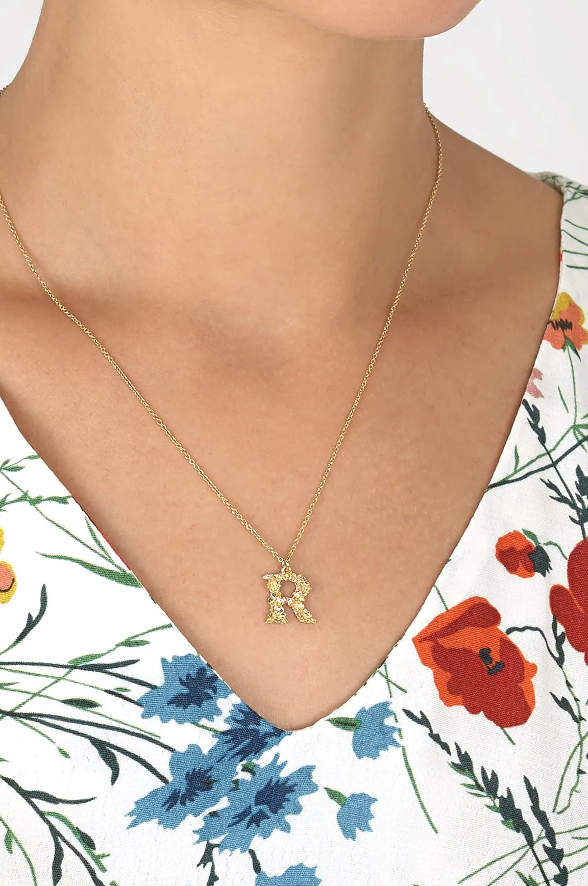 Floral Letter R Necklace Gold Plate