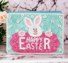 HAPPY EASTER Message Easter Bunny Seed Beaded Mini Pouch Bag