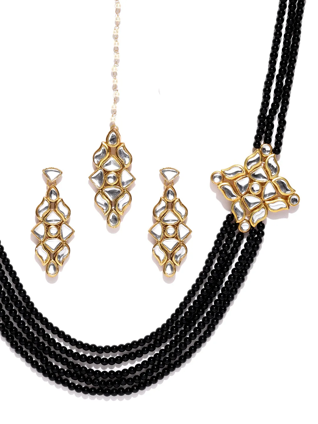 Karatcart Black Gold-Plated Handcrafted Kundan Rani Haar Necklace Set