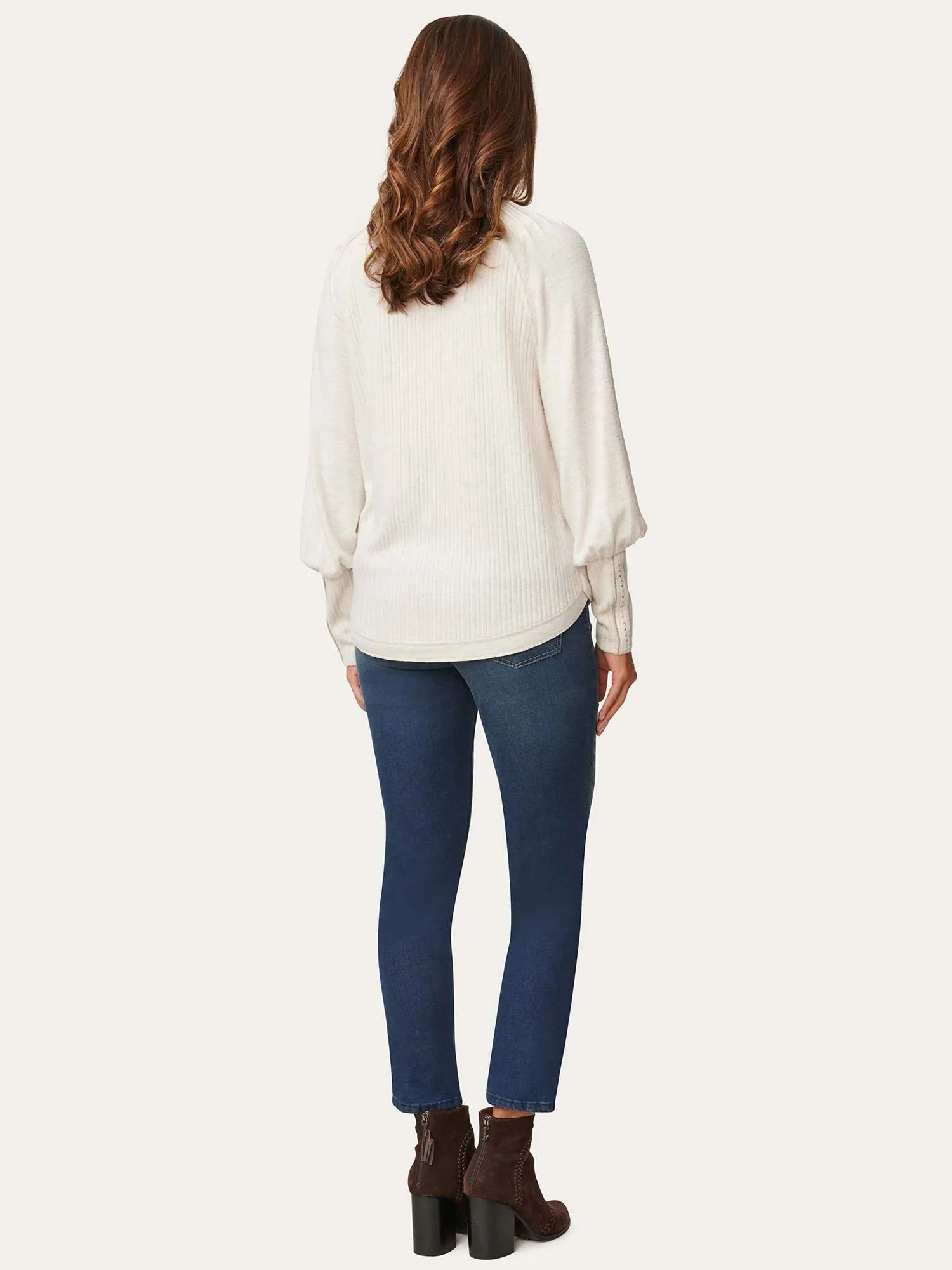 Long Blouson Sleeve V Neck Rib Knit Petite Top