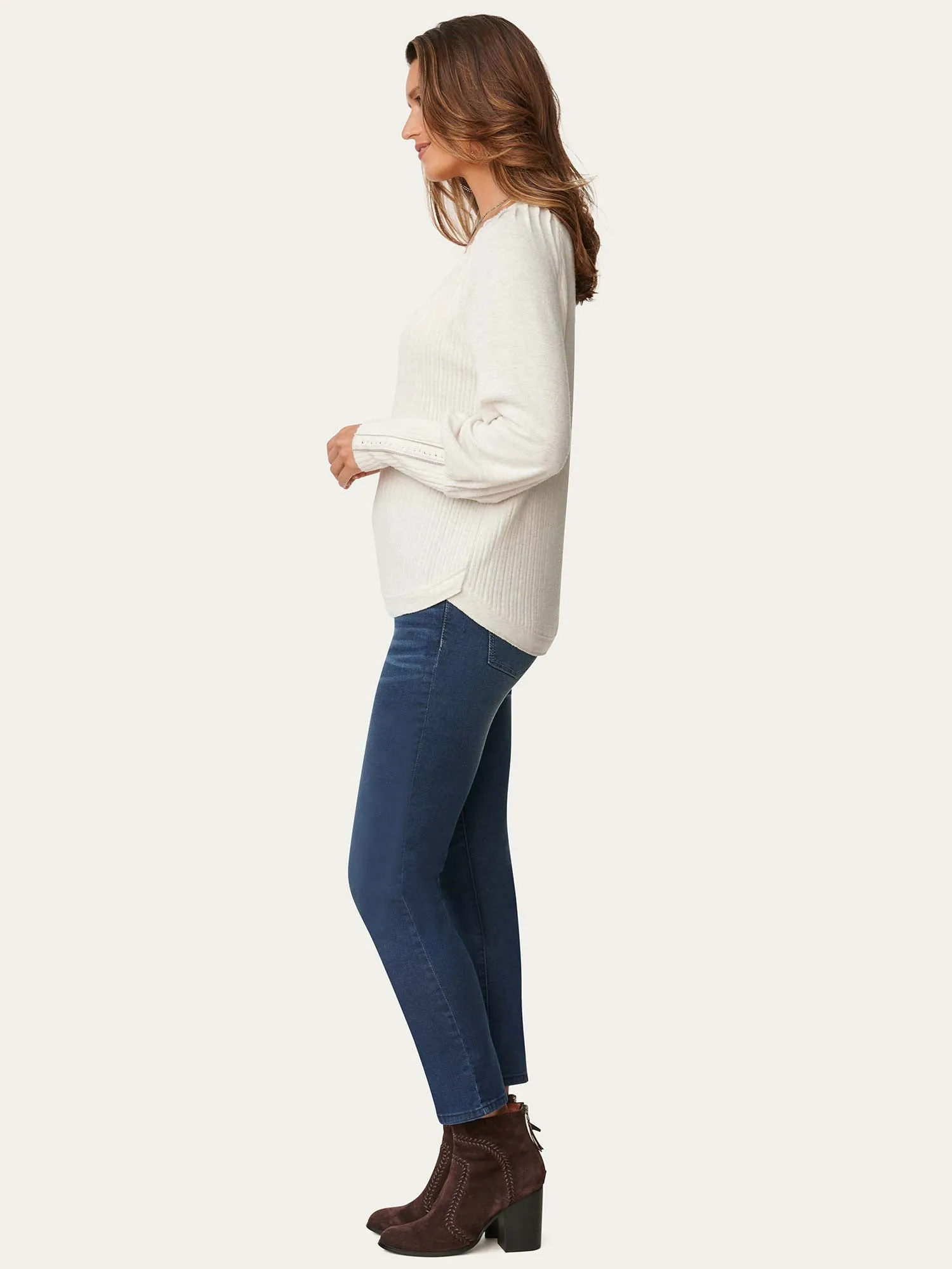 Long Blouson Sleeve V Neck Rib Knit Petite Top