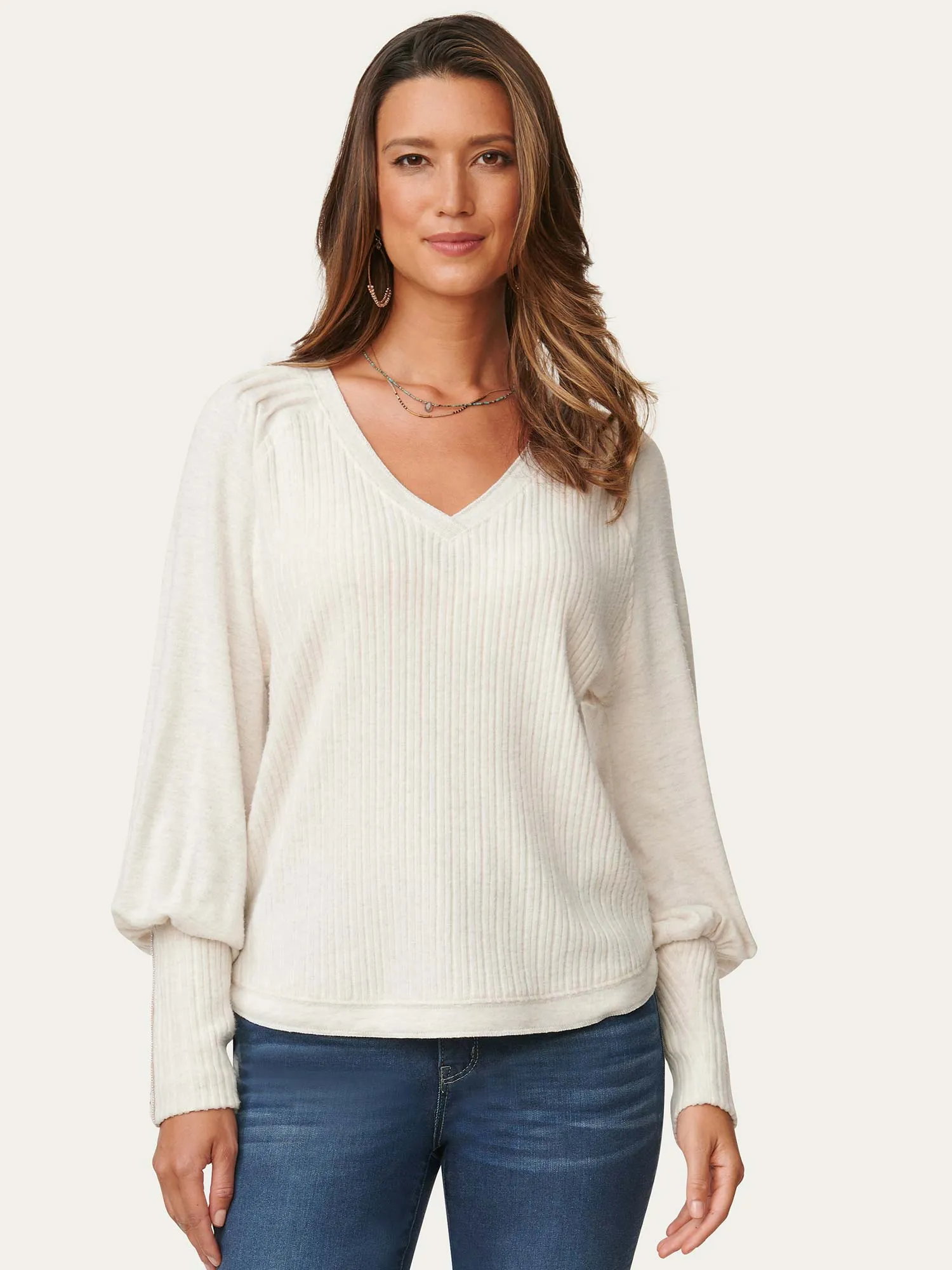 Long Blouson Sleeve V Neck Rib Knit Petite Top