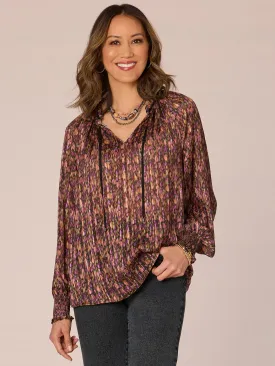 Long Ruffle Edge Sleeve Split V-Neck Abstract Print Petite Woven Top