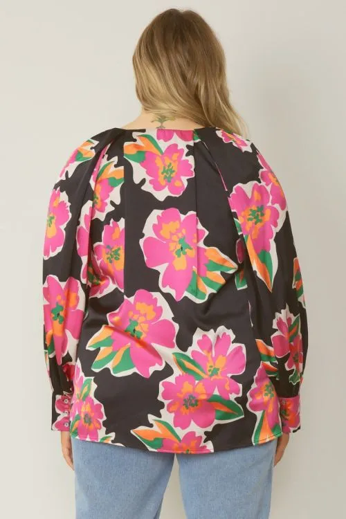 Long Sleeve Silk V-Neck Floral Top - Three Color Options