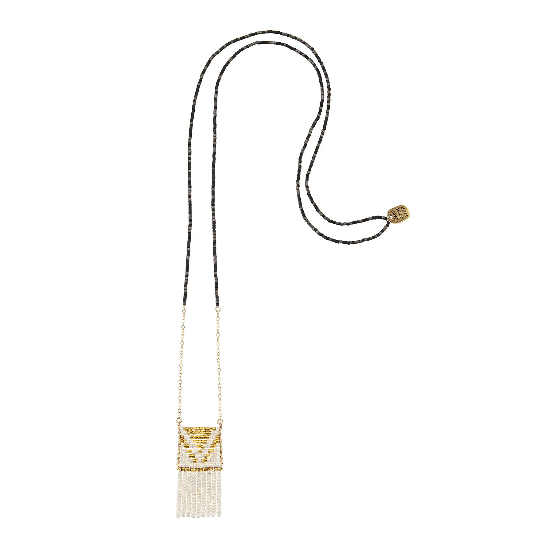 Long V Olakira Necklace  - PEARL/GOLD/BLACK MOTTLE