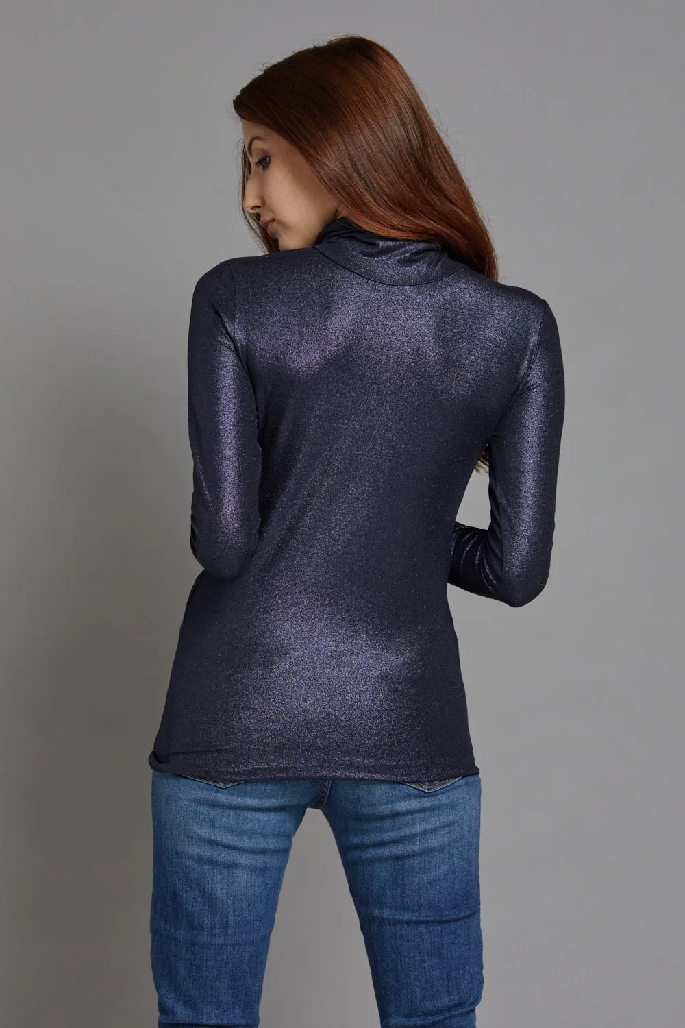 Majestic Metallic Long Sleeve Turtleneck in Metal Navy