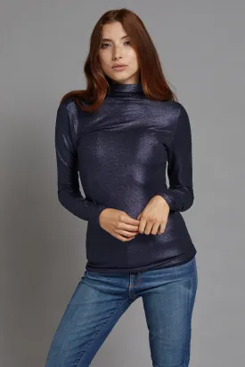 Majestic Metallic Long Sleeve Turtleneck in Metal Navy