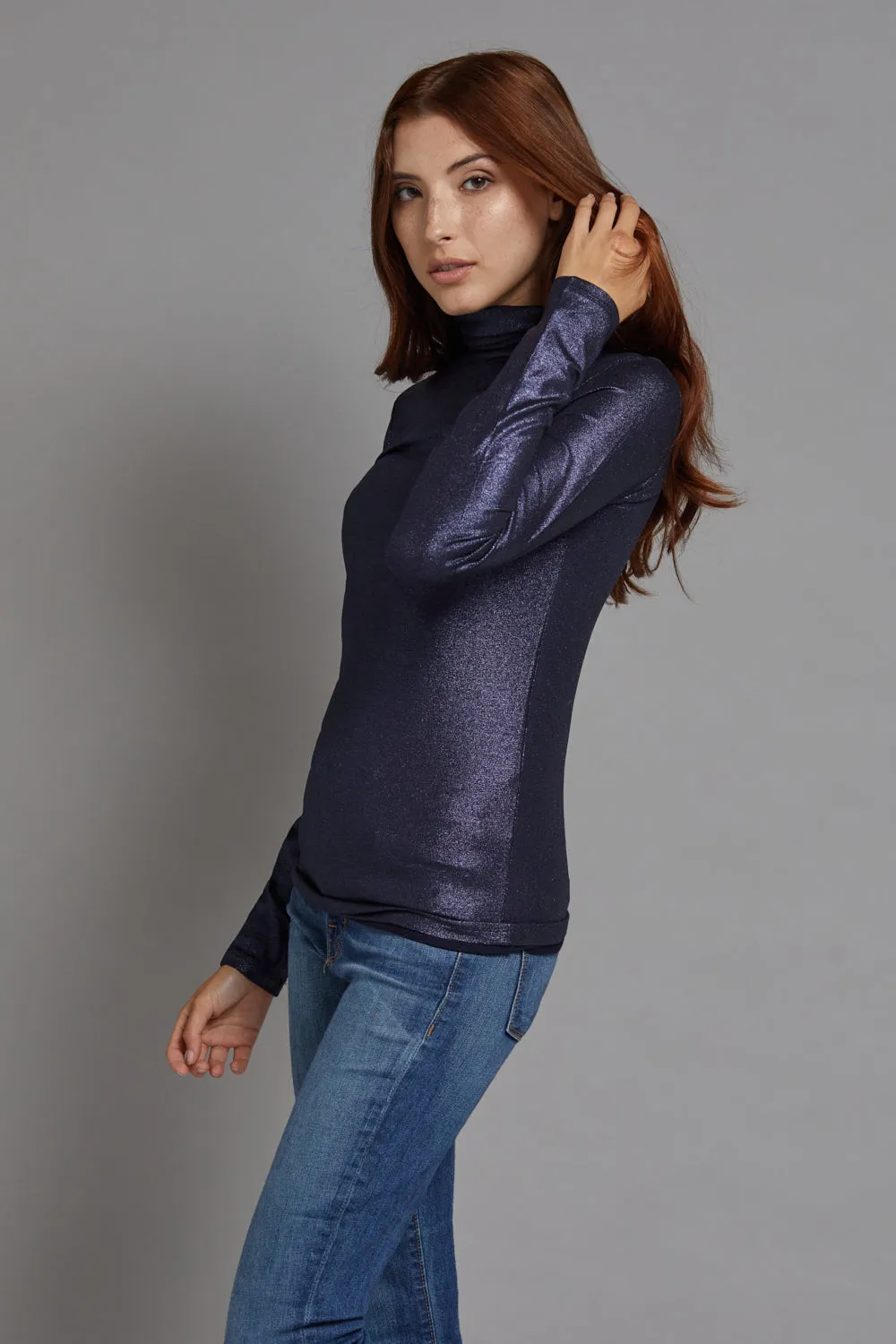 Majestic Metallic Long Sleeve Turtleneck in Metal Navy