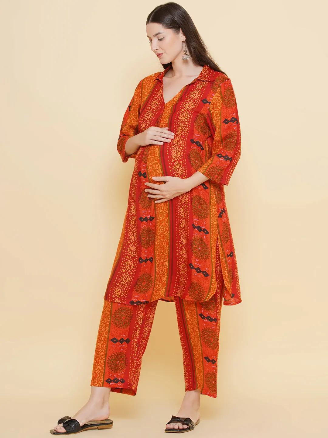 Orange Stripe Print Shirt Collar Maternity & Nursing Kurta Set